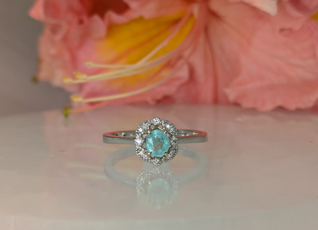 Paraíba Electric 0.434ct Paraiba 12 round diamonds 0.04ct on 14K White Gold with Rhodium plating