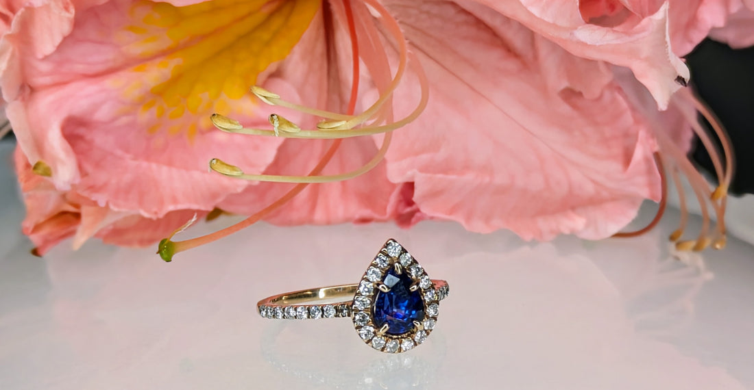 Sapphire Royal Blue Natural Sapphire on 10K Pink gold with 0.33ct halo of earthmined diamonds size 6.5