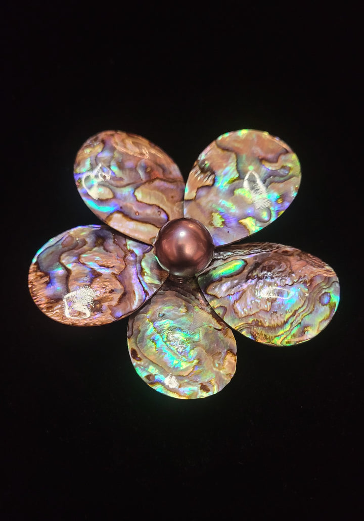 "Night Vision" Abalone petals Brooch with Black Pearl