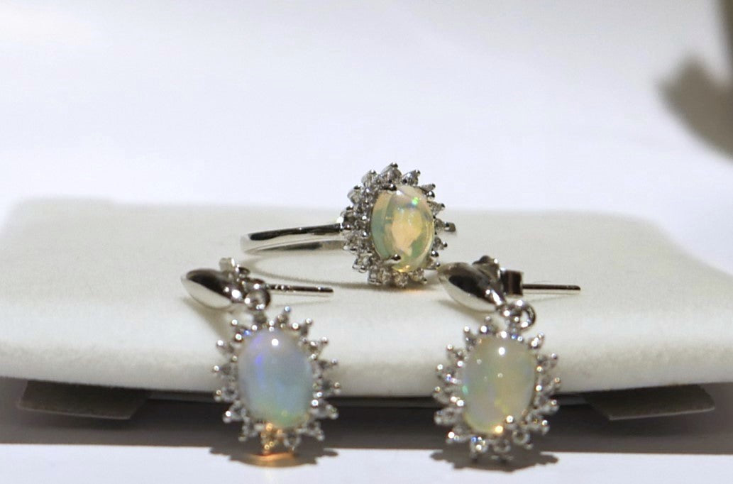 Opal Earrings and Ring Set Silver 925