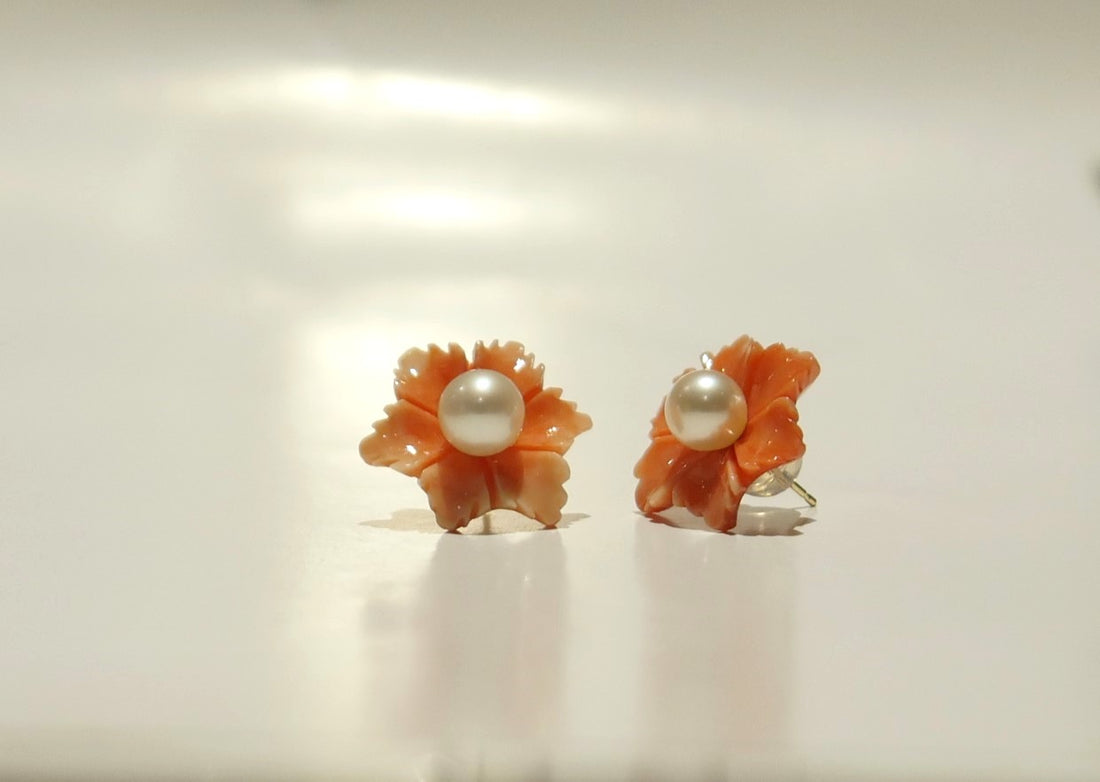 Gold Coral & Pearl 2-1 Earring Studs 14K Solid