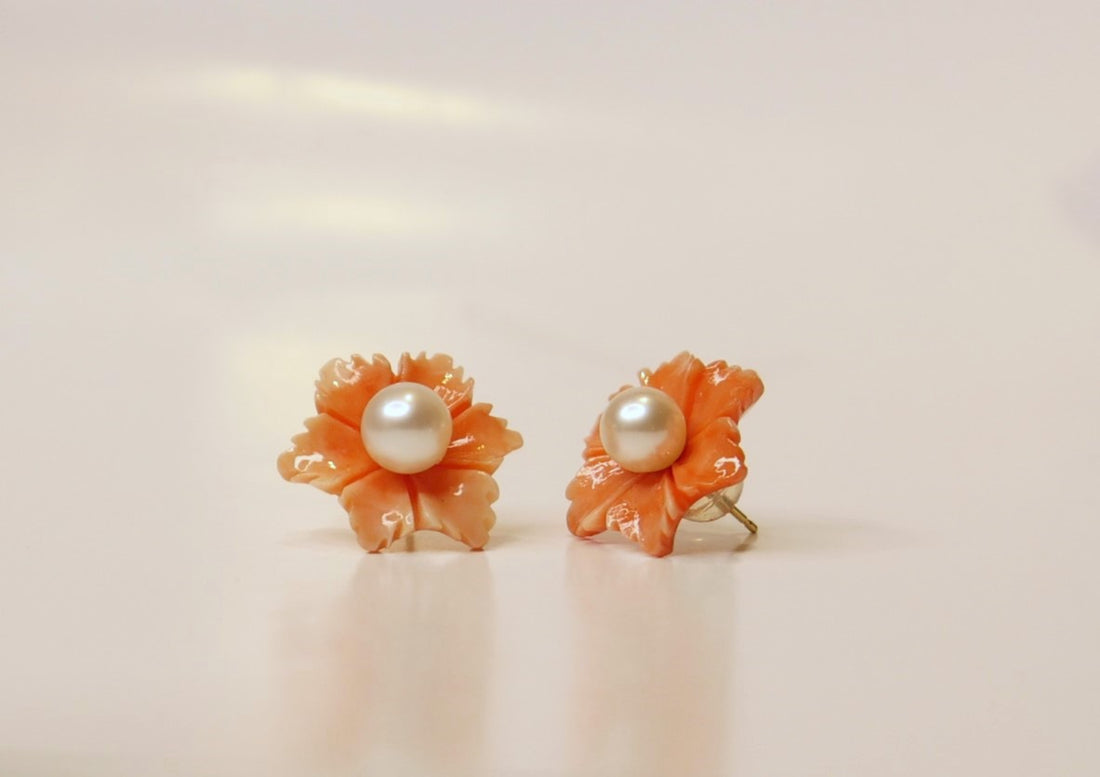 Gold Coral & Pearl 2-1 Earring Studs 14K Solid