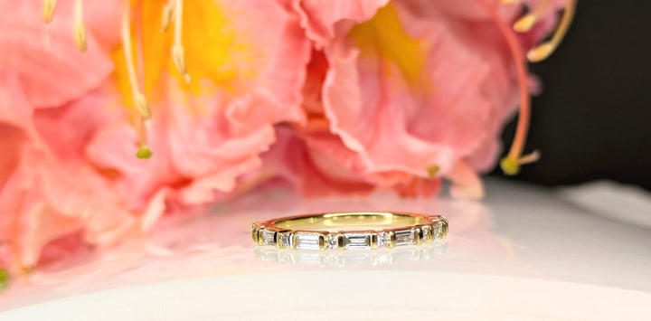 Stackable collection color diamonds on 18K yellow gold with 6 round diamonds at 0.09ct and 7 Baguette diamonds 0.28carat